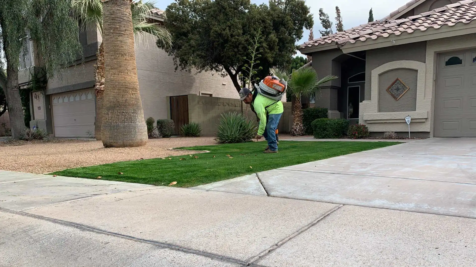 Little John's professional leaf blowing lawn for cleanup service in Gilbert, AZ.