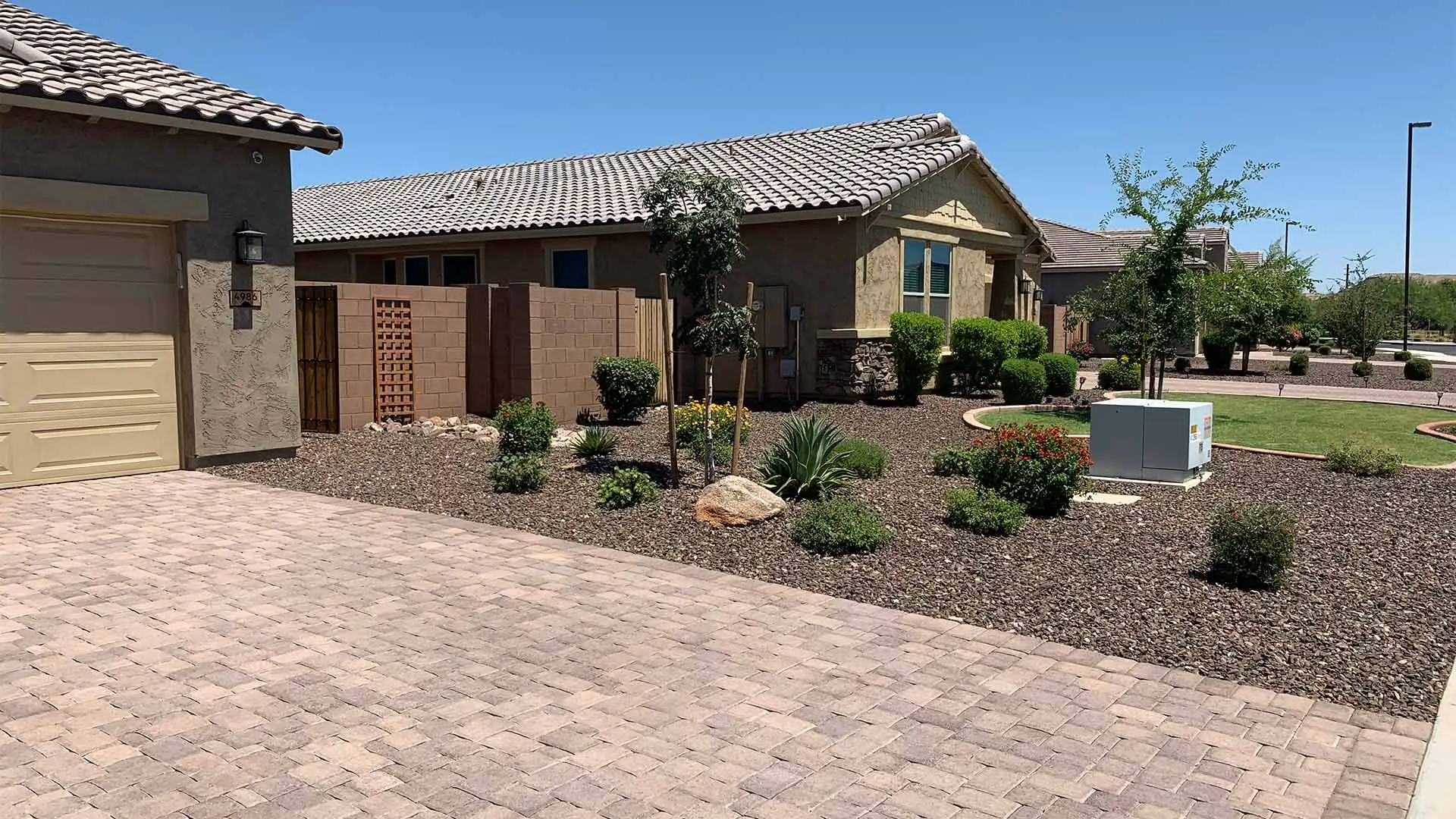 Xeriscaping landscape features at a home in Gilbert, AZ.