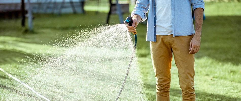 Homeowner watering lawn in Gilbert, AZ.