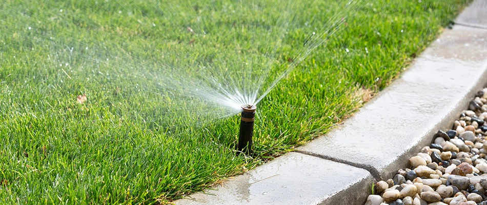 A sprinkler irrigation system watering a green lawn in Chandler, AZ.