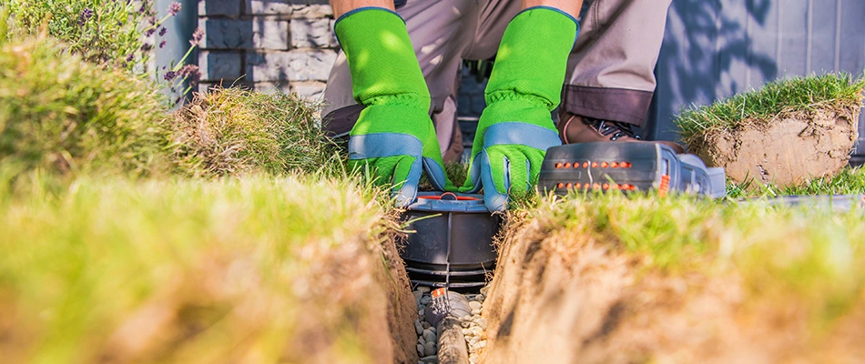Technician installing an irrigation system in lawn in Gilbert, AZ.