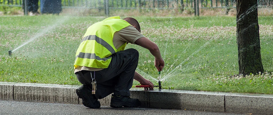 Technician repairing irrigation system in Mesa, AZ.